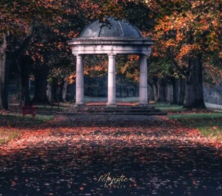 Autumnal path through St Stephen's Green in Dublin, one of the best free things to do in Dublin, leading to a classic domed bandstand amid glowing orange trees and fallen leaves.