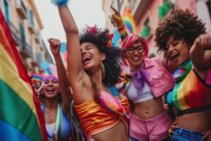 Group of people dancing and cheering at a colourful pride parade in a narrow street.