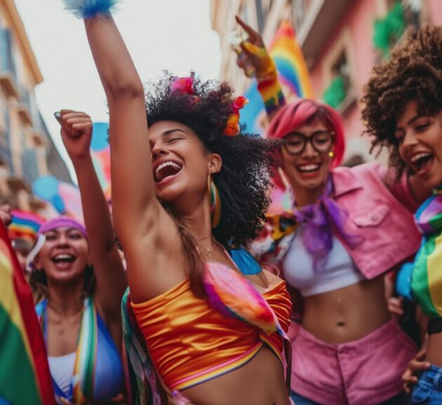 Group of people dancing and cheering at a colourful pride parade in a narrow street.
