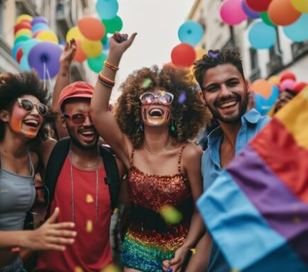 Group of friends celebrating at a Pride parade in Dublin with rainbow flags and balloons, featured in a Dublin LGBTQ+ Guide.