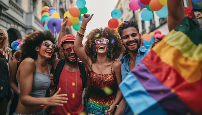 Group of friends celebrating at a Pride parade in Dublin with rainbow flags and balloons, featured in a Dublin LGBTQ+ Guide.